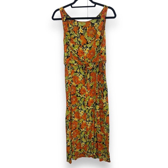 VTG Women's Floral Beaded Midi Length Dress Size 14 Orange Tie Waist CDC Wear - Picture 5 of 11